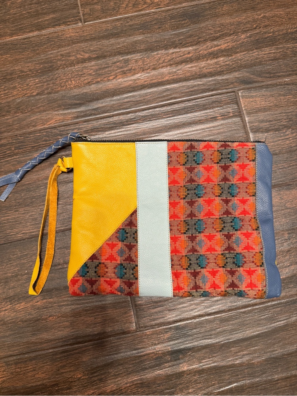 Noonday Collection Leather Kilim Tapestry Colorblock Wristlet Clutch Pouch